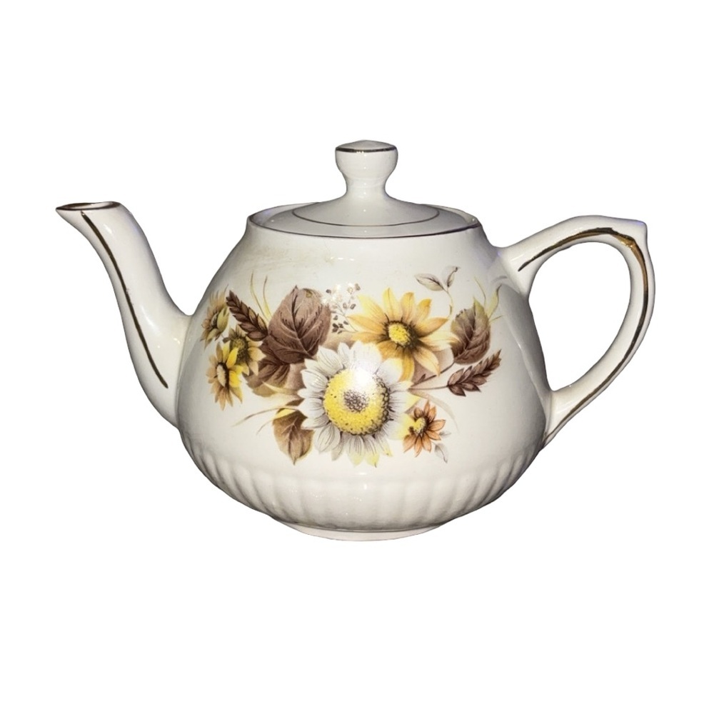 Vintage Wood‎ & Sons Teapot Flowers Sunflower White Gold Trim 8"